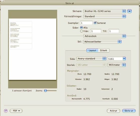 Skärmbild, skriv ut adressetiketter